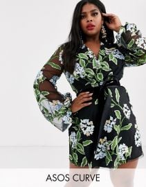 ASOS DESIGN Curve embroidered wrap mini dress with blouson sleeve and tie waist   ASOS at Asos